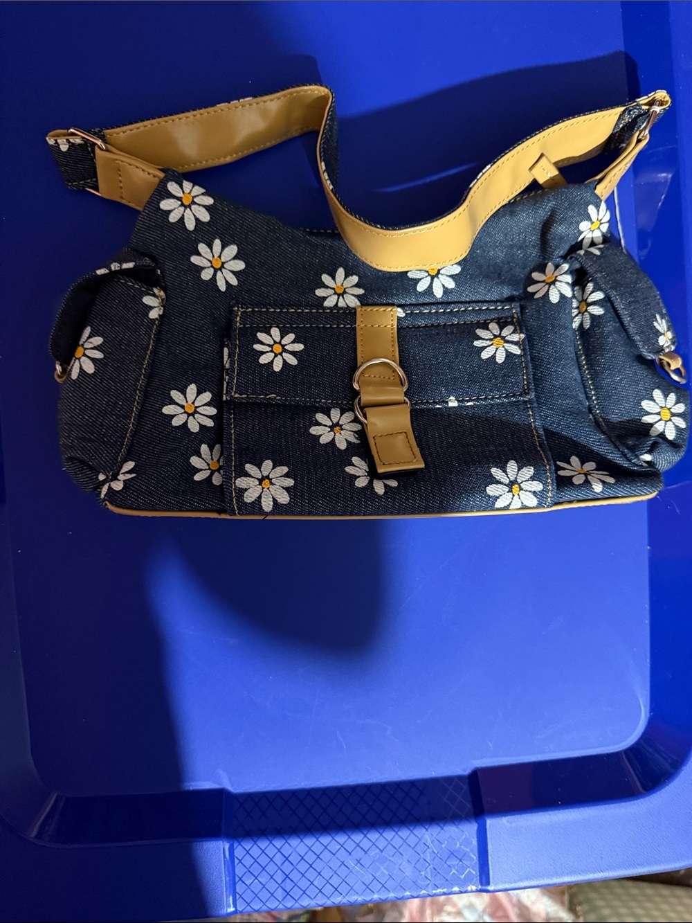 Target Denim Daisy Shoulder Bag with Tan Accents